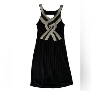 Sleeveless Tank Dress Silver Sequins Leather Trim Open Back Black Lotus Women